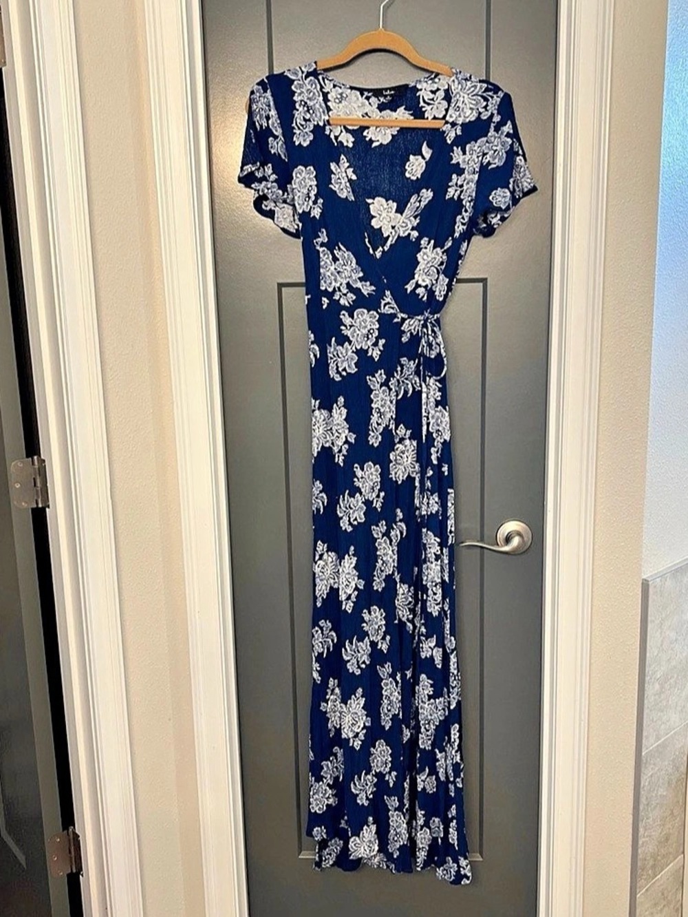 Lulus Heart of Marigold Navy Blue Floral Print Wrap Maxi Dress, Medium
